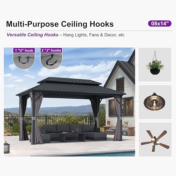 PURPLE LEAF 8' X 14' Permanent Hardtop Aluminum Gazebo with Double Galvanized Steel Roof Removable Netting Curtains and Ceiling Hooks for Patio Lawn Backyard Deck Garden Grey