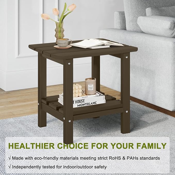 Set of 2 Adirondack Outdoor Side Table, 2-Tier Small Patio End Table, Weather Resistant HDPE Outdoor End Tables for Garden, Lawn, Pool, Beach, Porch, Deck, Backyard - Square, Dark Brown