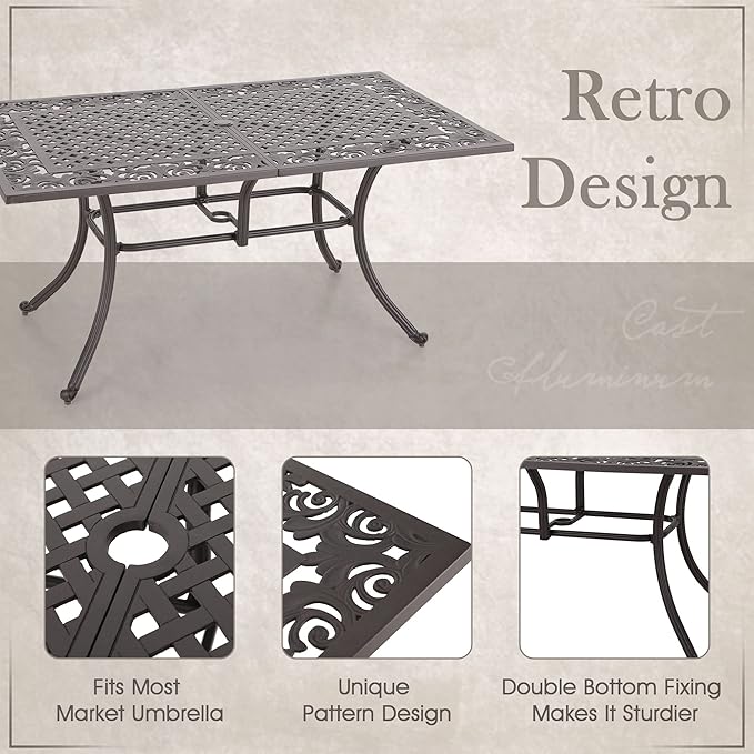 MFSTUDIO Cast Aluminum Patio Dining Table, Rectangular Outdoor Dining Table for 6, Patio Table with 2.16’’ Umbrella Hole, 63’’ Retro Design Metal Aluminum Table