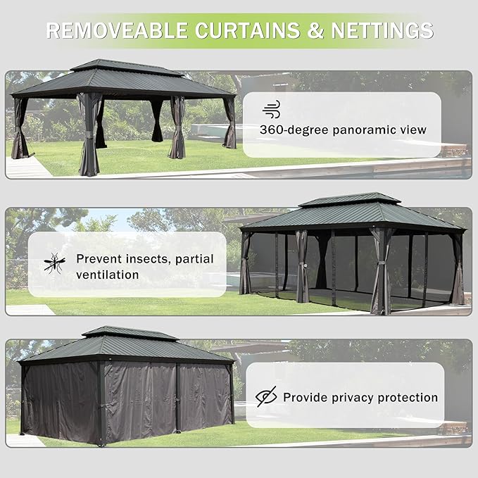 Domi 12x18FT Outdoor Gazebo, Hardtop Gazebo with Galvanized Steel Double Roof, Metal Gazebos with Drainage System Patio Pergola for Patio Deck Backyard,Curtain and Netting,Gray