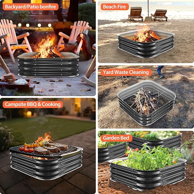 Fire Pit Ring,23in Heavy Duty Square Firepit for Outside,11'' Tall Galvanized Steel Bonfire Pits,Wood Burning Outdoor Fireplaces,Portable for Backyard,Camping,Patio,Beach