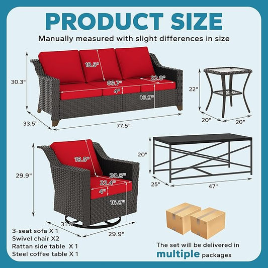 5 Pieces Outdoor Conversation Furniture Set - 77" Patio Sofa, 2 Swivel Rocker Chairs, 1 Side Table, 1 Metal Coffee Table, Patio Wicker Couch Set with Washable Cushions for Porch (Red)