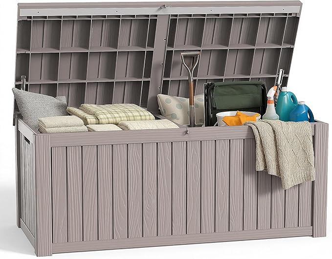 180 Gallon Deck Box Large Outdoor Storage for Patio Furniture,Outdoor Cushions,Garden Tools and Pool Supplies,Waterproof,Resin,Lockable(Grey)
