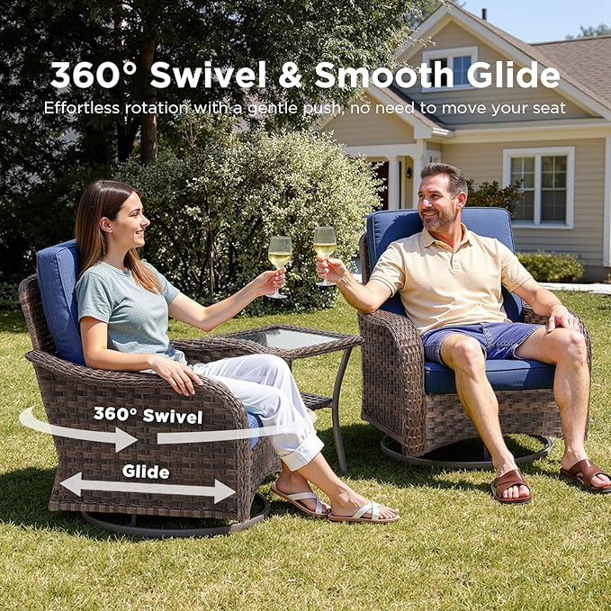 Wicker Outdoor Patio Furniture Set-6 Pieces All-Weather Wicker Outdoor Furniture with Swivel Rocking Chairs Set of 2 Patio Conversation Sets for Garden,Backyard,Deck Brown/Blue