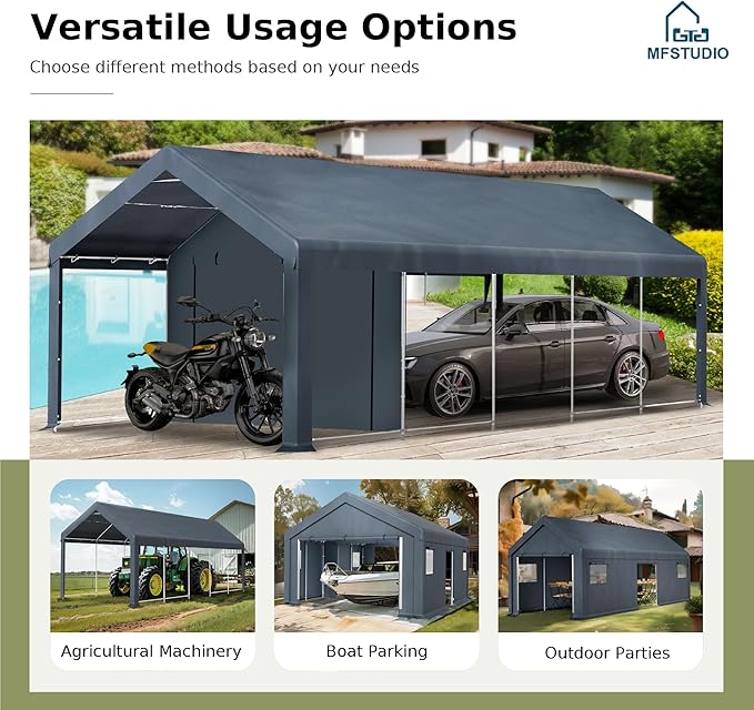 MFSTUDIO 13x24 Heavy Duty Carport, Outdoor Shades Portable Storage Shelter Garage with Rolled up Zipper Doors, Extra Large Car Canopy Tent with Roll-up Sidewalls for Boat Truck Party
