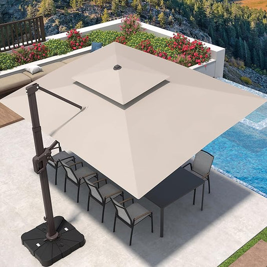 9' X 12' Cantilever Patio Umbrella with Base Included 360°Rotation Rectangular Outdoor Large Offset Umbrellas Double Top Heavy Duty Windproof for Garden Deck Pool Backyard, Beige