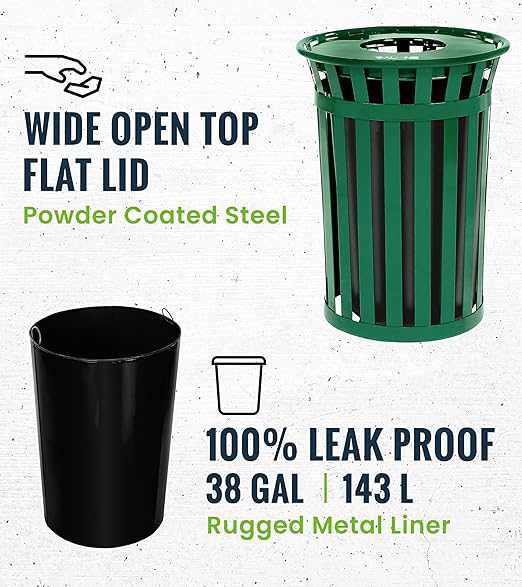 Alpine Commercial Outdoor Trash Can - 38 Gallon Heavy Duty Green Recycle Garbage Can with Liner, Open Top Lid, All Weather Resistant Large Outside Trash Can for Parks, Parking, School