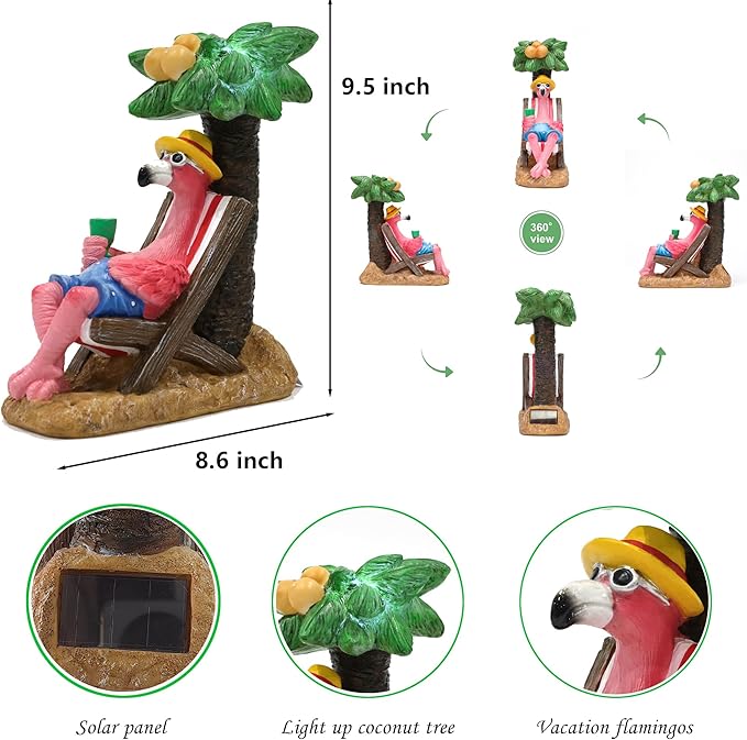 EPTUEGA Pink Flamingos for Yard-Solar Garden Statues Gifts - Flamingos on Beach Vacation Light up Coconut Tree for Outdoor Lawn Yard Decor