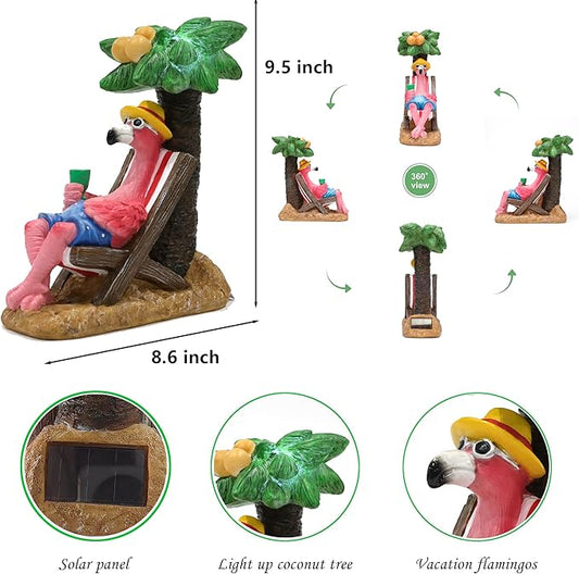 EPTUEGA Pink Flamingos for Yard-Solar Garden Statues Gifts - Flamingos on Beach Vacation Light up Coconut Tree for Outdoor Lawn Yard Decor