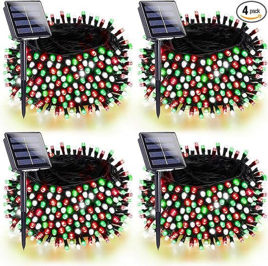 4 Pack 180FT Solar Christmas Lights Outdoor Waterproof, Super Bright 320 LED Solar String Lights with 8 Lighting Modes, Green Wire Solar Twinkle Tree Lights for Outside Xmas Party(Red White and Green)