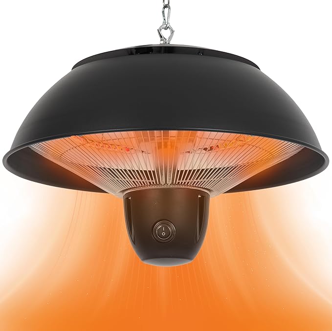 Infrared Hanging Electric Patio Heater W/Remote, Ceiling Mounted, 1500W, Indoor/Outdoor, IPX4 Water-Resistant, 360° Heat, 6.5’ Radius, 3-Second Warm-Up
