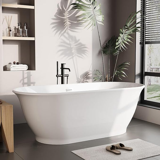 67" Free Standing Tub, Acrylic Soaking Bathtub, Stand Alone Freestanding Tub with Matte Sliver Drain and Overflow, Contemporary Bathtub for Bathroom, Flora