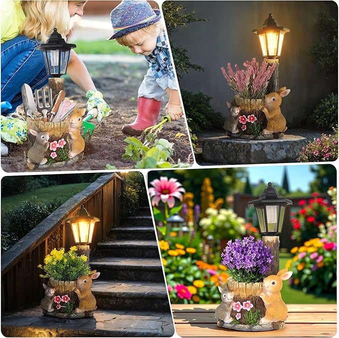 YEPOTUE Solar Bunny Garden Stalue Outdoor, Rabbits Figurine Flowerpot Decolwith Solar Lantem for Yard Art Lawn Ornaments Porch Patio Balcony - Gardening Gifts for Women Mom