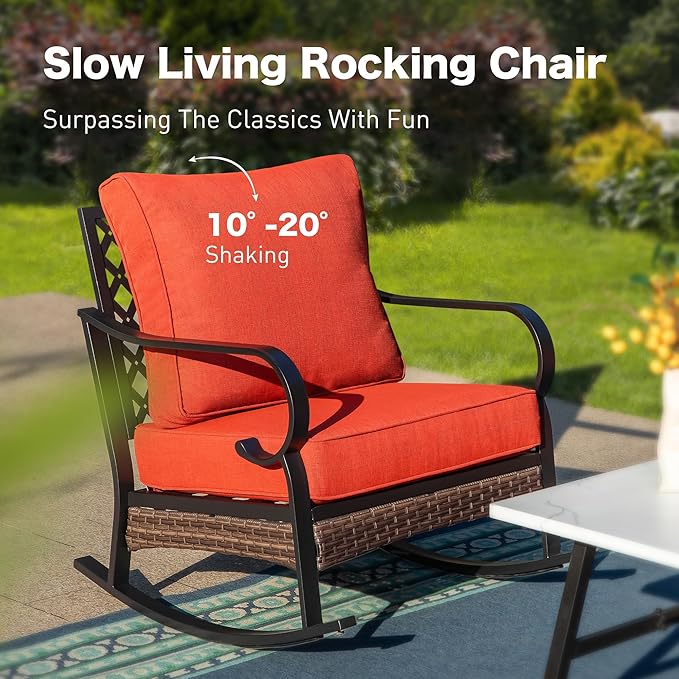 4 PCS Metal Outdoor Patio Furniture Set, Patio Conversation Sets 3-Seater Sofa, 2 Rocking Chairs with 5.75" Extra Thick Cushion & Coffee Table, Black Frame Backyard Furniture, Rust Red