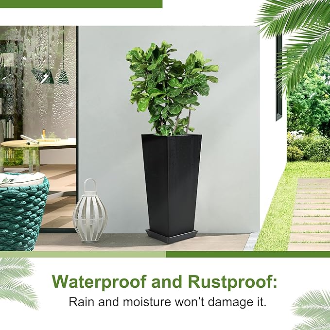 24" Tall Planters for Outdoor Plants, Set of 2 Large Outdoor Planters for Front Porch Decor with Drainage Hole, Front Porch Decor (Black)