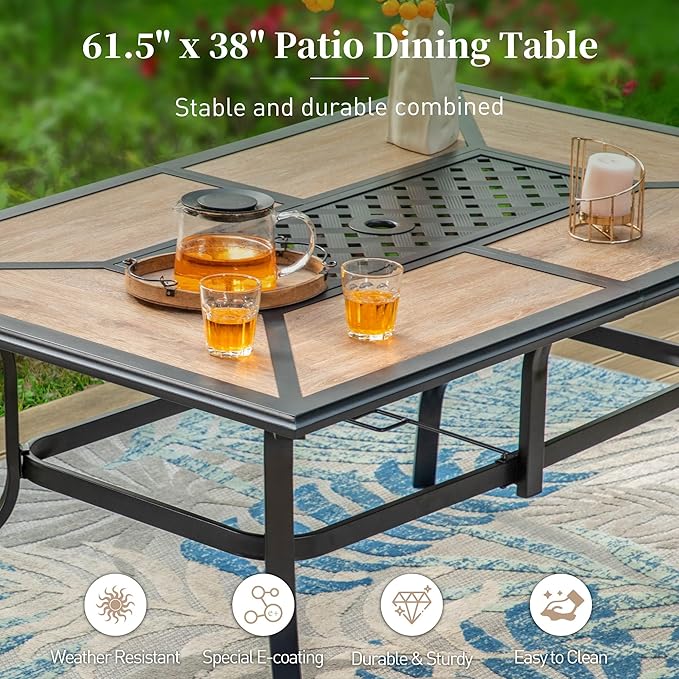 61" Patio Dining Table for 6,Teak Color Rectangle Patio Table with Umbrella Hole,E-Coating and Powder Coating Steel Frame Metal Outdoor Patio Table for Garden Backyard Lawn Yard