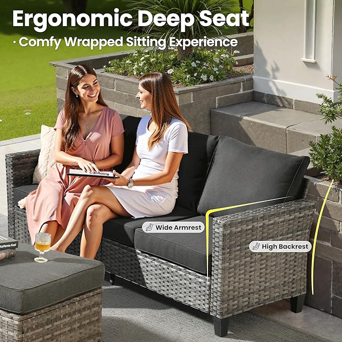 ovios 6 Pieces Patio Furniture Set with 30" Fire Pit Table, Outdoor Wicker Sofa with Comfy Cushions, All Weather High Back Rattan Couch Conversation Set, Black