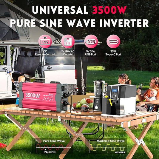 3500 Watt Pure Sine Wave Power Inverter 12V DC to 110V 120V Converter for Home, RV and Off-Grid Solar Systems with Type-C Port, 2 AC Outlets, Dual USB Ports, Remote Control with LCD Screen