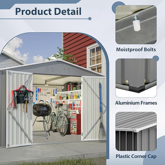 8x10 FT Outdoor Storage Shed, Metal Garden Shed with Lockable Hinged Doors, Outside Tool Shed with Sloped Roof & 4 Air Vents, Waterproof Storage Building for Backyard, Patio, Lawn, Gray