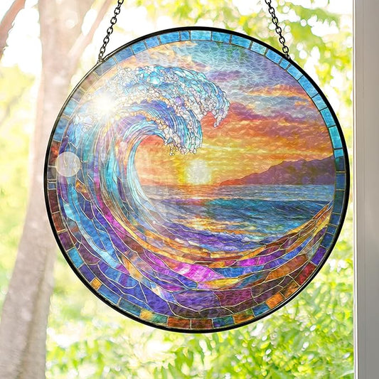 FLAGWIX Beach Gifts for Women Men - Stained Glass Window Hanging 10 in - Beach Decorations for Home, Sun Catchers Indoor Window for Ocean Decor, Suncatchers for Windows Hanging, Boho Gifts for Women