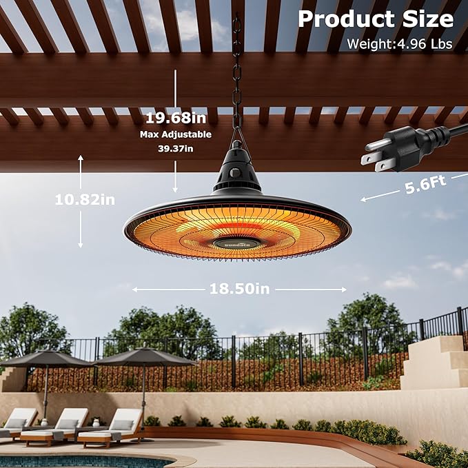 Hanging Heater, 1500W Outdoor Electric Patio Ceiling Heater with Remote Control, Infrared for Courtyard, Garage, Patio, Overheat & Tip-Over Protection, IP65 Waterproof, Brown