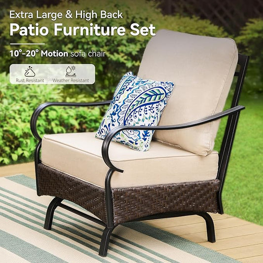 GREEN PARTY Extra Large Outdoor Patio Furniture Set 6 Pieces for 7, Modern Metal Patio Conversation Sets with High Back 3-Seat Sofa, 2 Motion Chairs, 2 Ottoman, 1 Coffee Table