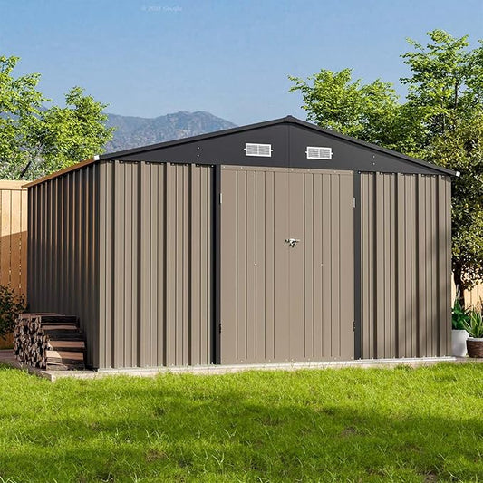 Patiolife Outdoor Storage Shed 10x8 FT with Floor Frame, Garden Tool Metal Shed with Sloping Roof and Double Lockable Door for Backyard Garden & Patio, Brown