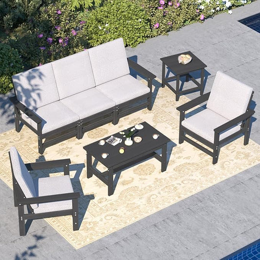 7-Piece HDPE Patio Furniture Set, All-Weather Outdoor Sectional Sofa Set w/Coffee Table+Side Table - Wood-Like Composite Conversation Couch for Deck, Lawn, Balcony - Black Frame with Cushion