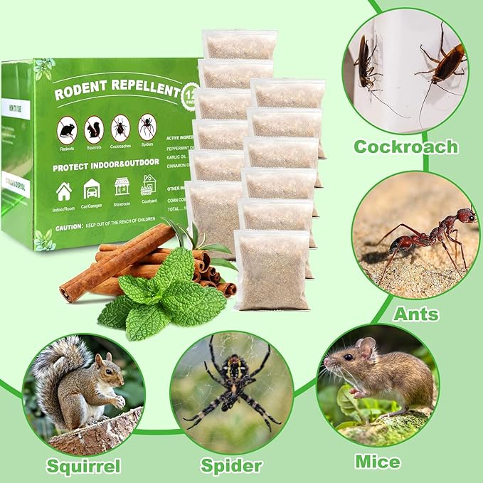 Peppermint Oil Mouse Repellent Pouches - 12 Pack Natural Rodent Repellent for House, Garage, Attic, Motorhome, Garden, Car - Indoor & Outdoor