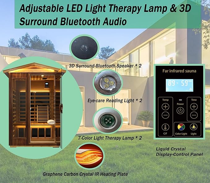 LTCCDSS Outdoor Red Cedar Sauna 2 Person Far Infrared Sauna, Withstand Outdoor Temp -10℉-149℉| Low EMF Sauna Room for Home-9 Low EMF Heaters-Chromotherapys-Bluetooth Speaker