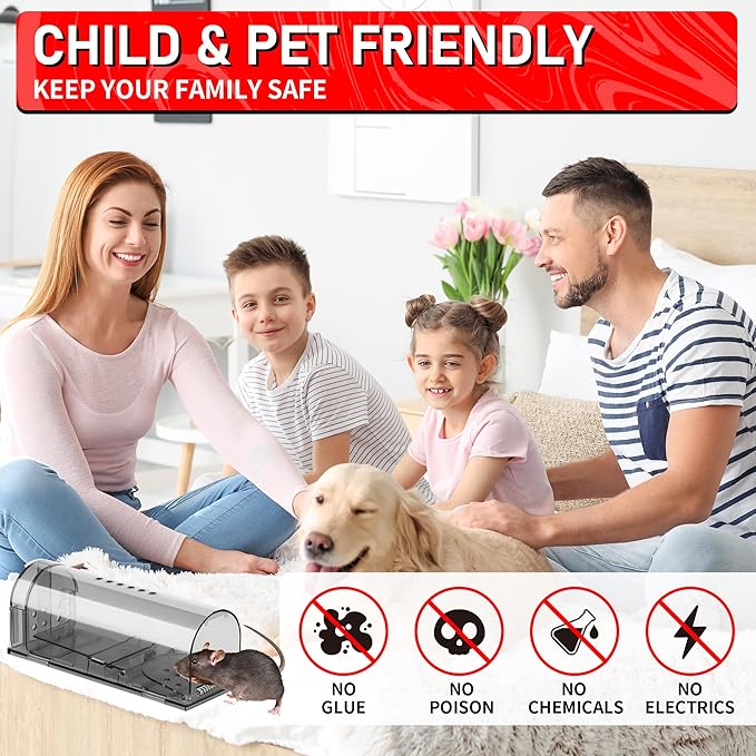 LULUCATCH Humane Mouse Traps 2 Pack, Live Mouse Traps, Catch Release Mouse Traps Indoor for Home, No Kill Mole Squirrel Rat Traps for House & Outdoors, Pet Safe, Grey