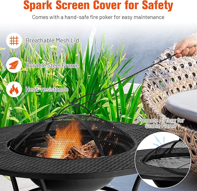 Tangkula 32 Inch Outdoor Fire Pit Dining Table, 4-in-1 Round Wood Burning Fire Pit Bowl, Patio Steel Firepit for BBQ, Bonfire, Camping, Includes Fire Poker, Cover, Grill, Log Grate, Spark Screen Cover