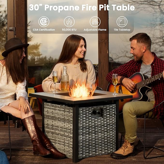 ovios 6 Pieces Patio Furniture Set with 30" Fire Pit Table, Outdoor Wicker Sofa with Comfy Cushions, All Weather High Back Rattan Couch Conversation Set, Grey
