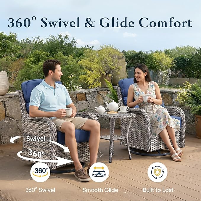 Belord Luxury 6" Thick Cushioned 10 Pieces Patio Furniture Set with Outdoor Couch, Wicker Outdoor Conversation Set with High Back Swivel Rocker Chairs for Deck Porch Yard and Poolside - Grey+Blue