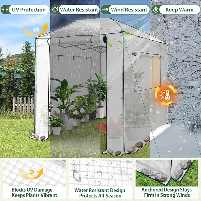 EAGLE PEAK Instant Pop-up Greenhouse, Indoor Outdoor Plant Gardening Green House, Roll-Up Zipper Doors and Side Windows, Walk in 8x6 ft, White/Clear