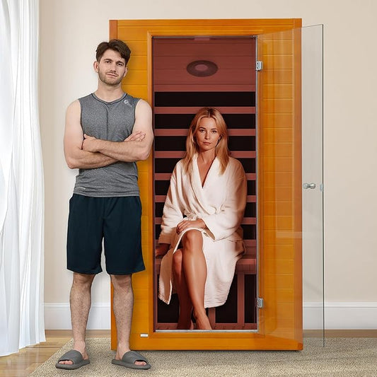 Real Relax Far Infrared Sauna for Home, 1 to 2 Person Indoor Home Sauna with Low Emf Red Light Therapy, Canadian Hemlock Wooden Dry Saunas Room with Bluetooth Speakers, 9-Color Chromotherapy Lights