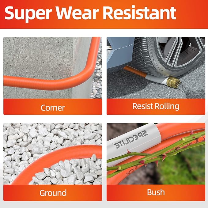 SPECILITE Garden Water Hose 100 ft x 5/8 in Heavy Duty, Flexible and Lightweight, Burst 600 psi, Kink-less Hybrid Rubber Pipe for Backyard, 3/4'' Brass Fittings, Orange