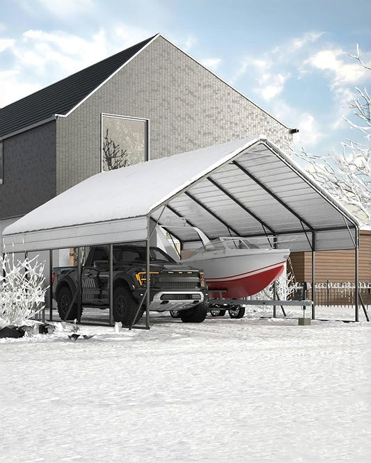 20x25x12.8 FT Metal Carport with Reinforced Frame, Galvanized Steel Roof & Enhanced Base Heavy Duty Car Ports for All-Weather Car Garage Shelter for Car, Truck, Pickup, SUV, Tractor, and Boat