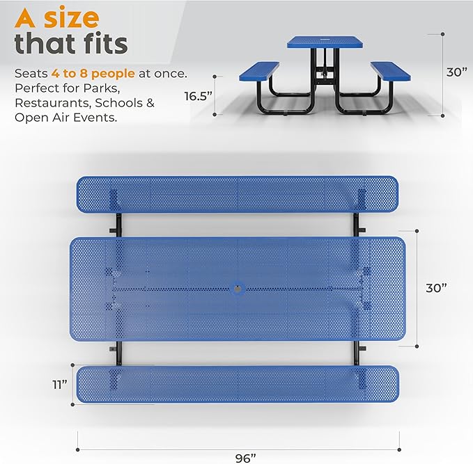 OUTTANS Commercial Heavy-Duty Metal Picnic Table - ADA Compliant, Adjustable Seats, Umbrella Hole (Blue, 8' Rectangular, Punched Steel)