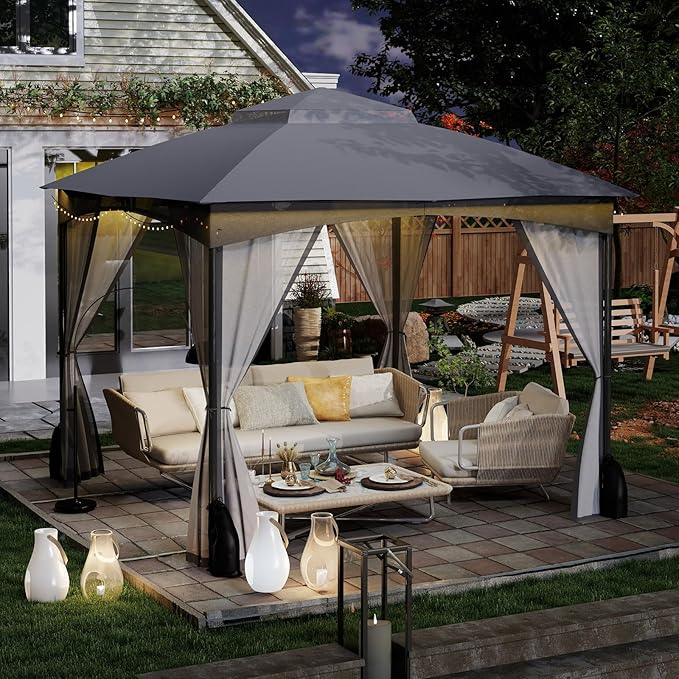 Tangkula 10x10 FT Outdoor Gazebo with Netting, Double Roof Patio Shelter with 4 Sandbags, Zippered Doors, Heavy-Duty Metal Frame, Metal Patio Gazebo for Yard Garden Lawn (Grey)