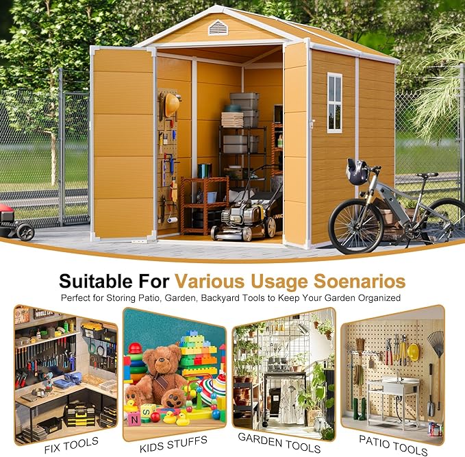 6x8 FT Plastic Resin Shed with Floor, All-Weather Storage Sheds Outdoor with Floor and Window Easy to Install, Large Plastic Sheds & Outdoor Storage for Garden & Backyard, Bright Yellow