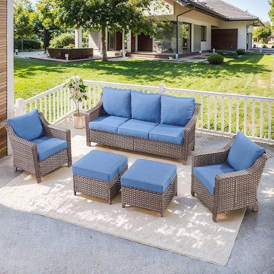 5 Pieces Wicker Patio Furniture Set-Outdoor High Back Sofa with Rattan Wicker Chairs Outdoor Furniture for Porch Garden Backyard Poolside-Brown/Blue
