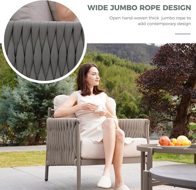 Grand patio 5-Piece Outdoor Furniture Set, Outdoor Sofa Set with 2 Round Side Tables, Modern Metal Patio Couch with 6-inch Thick Waterproof Cushions for Porch Deck Backyard