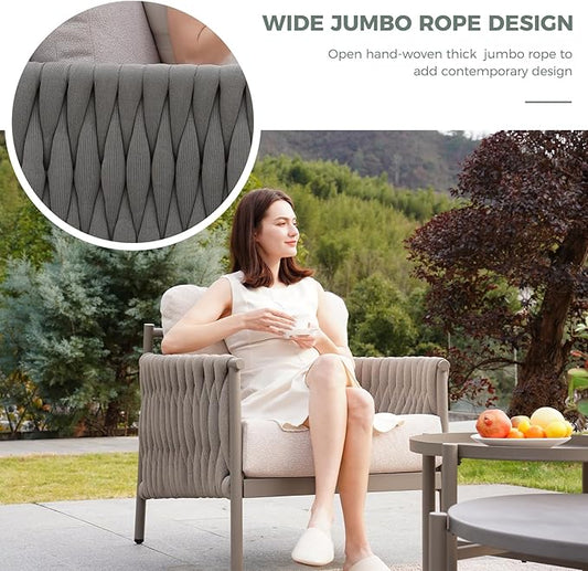 Grand patio 5-Piece Outdoor Furniture Set, Outdoor Sofa Set with 2 Round Side Tables, Modern Metal Patio Couch with 6-inch Thick Waterproof Cushions for Porch Deck Backyard