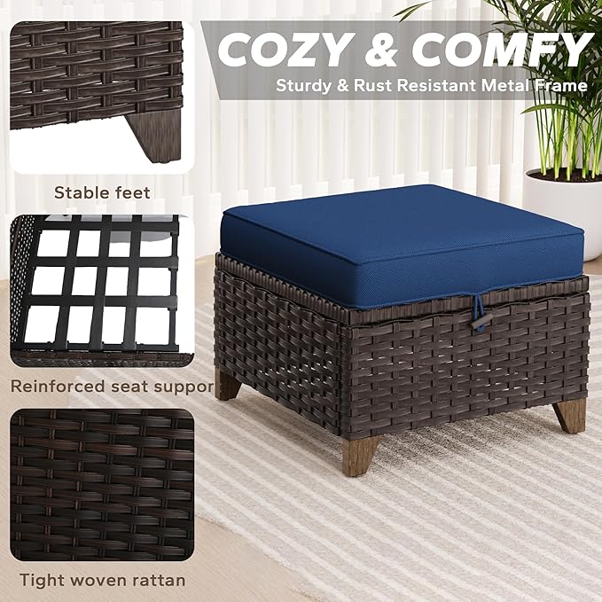 2 Pieces Patio All-Weather Wicker Ottomans with Cushions, PE Rattan Outdoor Conversation Furniture Set for Backyard, Deck, Lawn (Navy Blue)