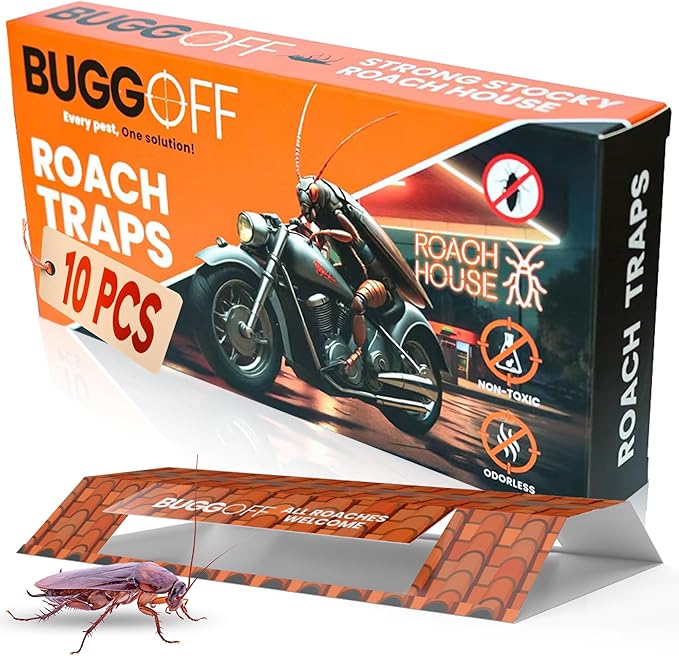 BUGGOFF - Roach House Trap 10 Pack, Baited Glue Traps, Cockroach Killer Indoor & Outdoor, Great for Home, Office, Warehouse & More! Sticky Pest Control Trap (10)