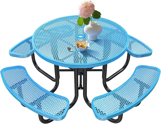 46" Round Top Outdoor Picnic Table Set for Up to 8 Persons, Outside Table Set with 4 Built-in Benches, Metal Commercial-Grade Dining Furniture with Umbrella Hole for Garden, Backyard, Porch, Blue