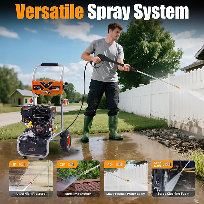 Ezasin Gas Pressure Washer 3500 PSI, 2.3 GPM Heavy Duty High Power Washer,209CC 7HP Engine with 25Ft Pressure Hose, Axial Aluminum Pump, Soap Tank, Spray Gun and Wand, 4 Quick Connect Nozzle (Orange)