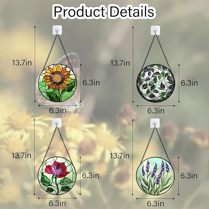 AMDERVEN Stained Glass Window Hanging 4 Pcs Set Red Roses Yellow Sunflowers 6.3" - Flower Suncatcher Door Garden Sun Catcher Decor Birthday Mother's Day for Mom Woman Nana Girl