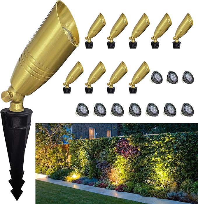 Brass Outdoor Spotlights,12V Low Voltage Landscape Lighting with MR16 LED Bulb,Waterproof Landscape Spot Lights for Yard,Garden,Lawn,Tree (10-Pack with Bulb)